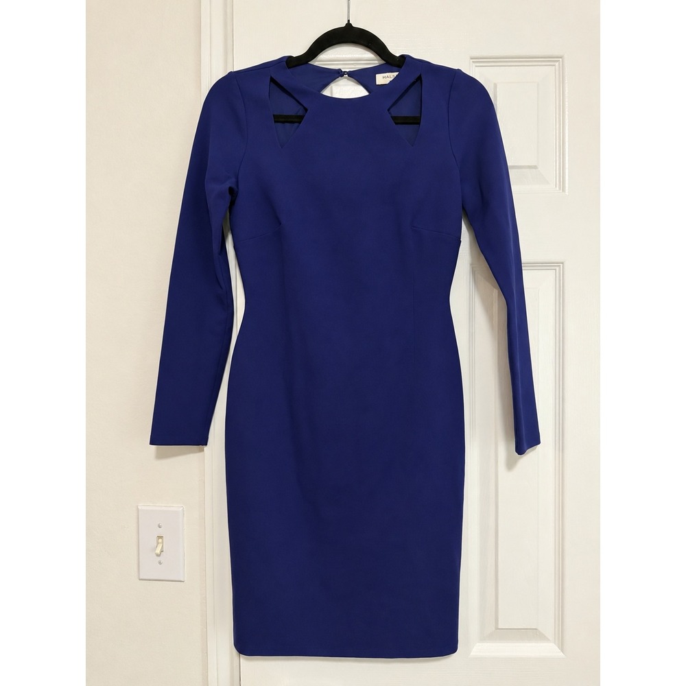 Halston Heritage Blue Ponte Cutout Sheath Dress Long Sleeve Bodycon XS